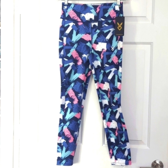 Athletic leggings, blue pink print, yoga pants, athliesurewear, medium - Picture 2 of 9